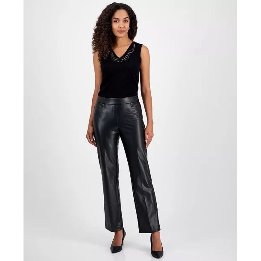 Kasper Womens XS Black Faux Leather Pants NWT Straight Leg Dress Trousers